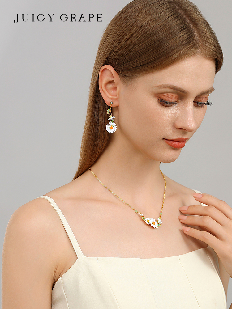 Daisy Flower And Crystal Enamel Dangle Stud Earrings Handmade Jewelry Gift2