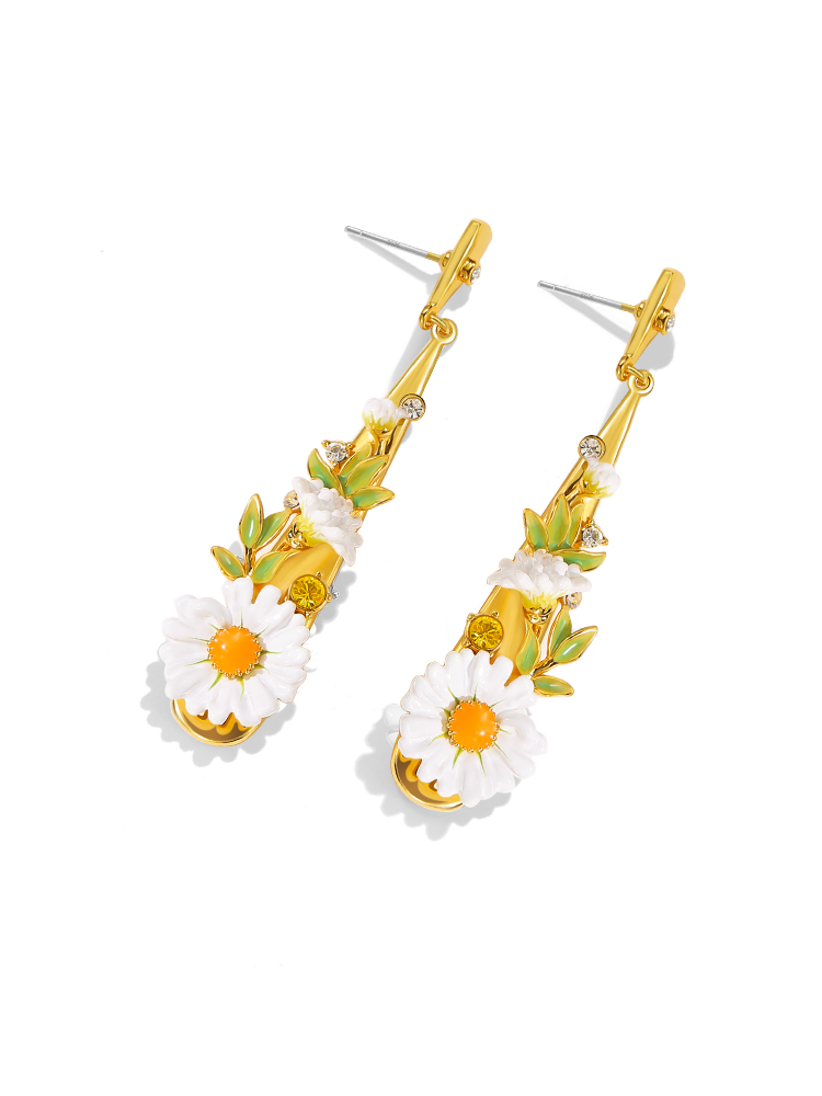 Flower Branch And Crystal Enamel Pendant Necklace