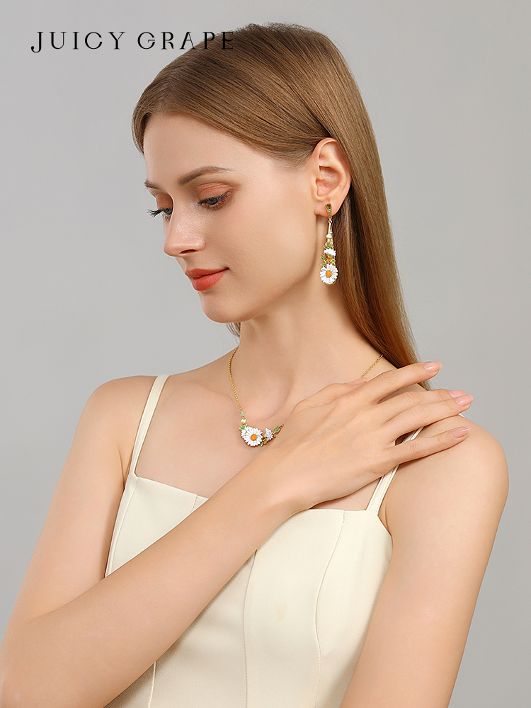 Daisy Flower And Gem Enamel Dangle Stud Earrings Handmade Jewelry Gift2