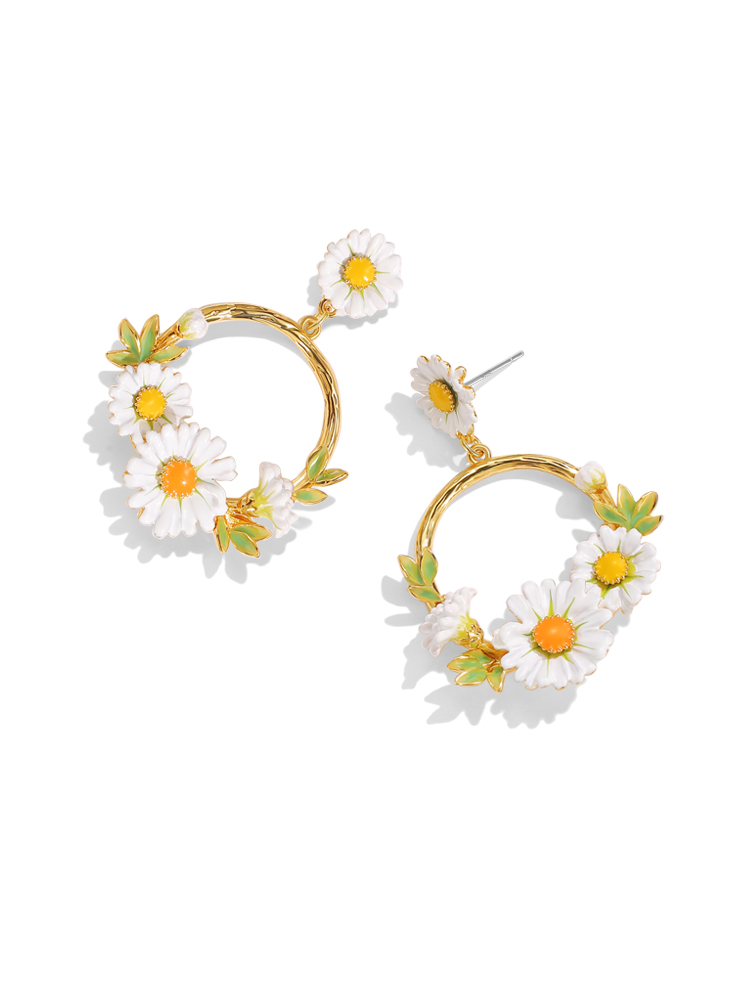 Daisy Flower Enamel Hoop Dangle Stud Earrings Handmade Jewelry Gift1