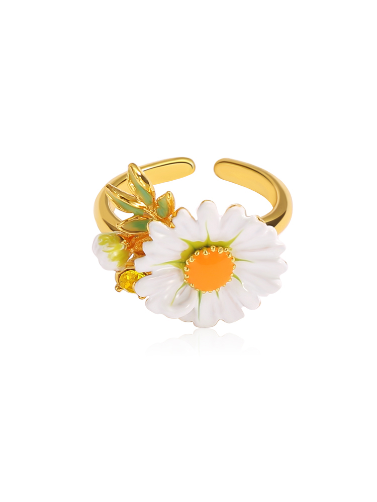 Daisy Flower Enamel Adjustable Ring Handmade Jewelry Gift