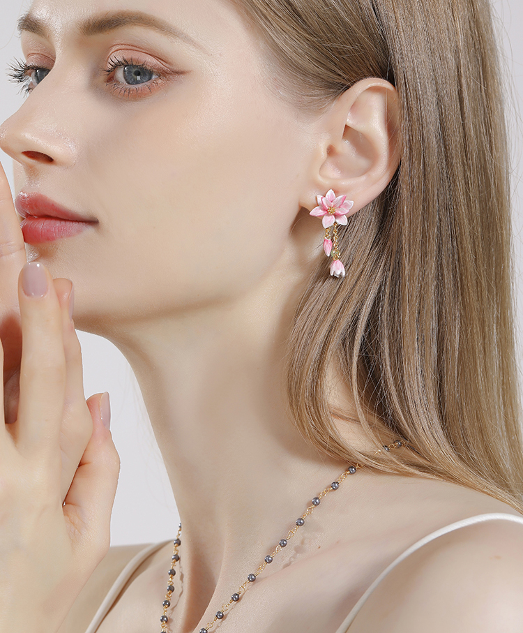 Pink Flower Enanel Tassel Dangle Stud Earrings Jewelry Gift2