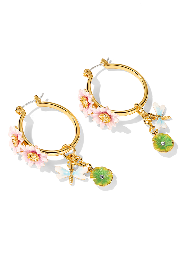 Lotus Flower And Dragonfly Enamel Hoop Dangle Stud Earrings Jewelry Gift2