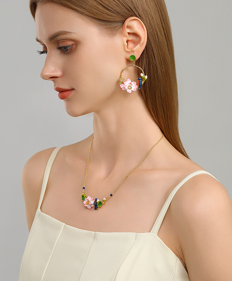 Bird And Lotus Enamel Hoop Stud Earrings Handmade Jewelry Gift2