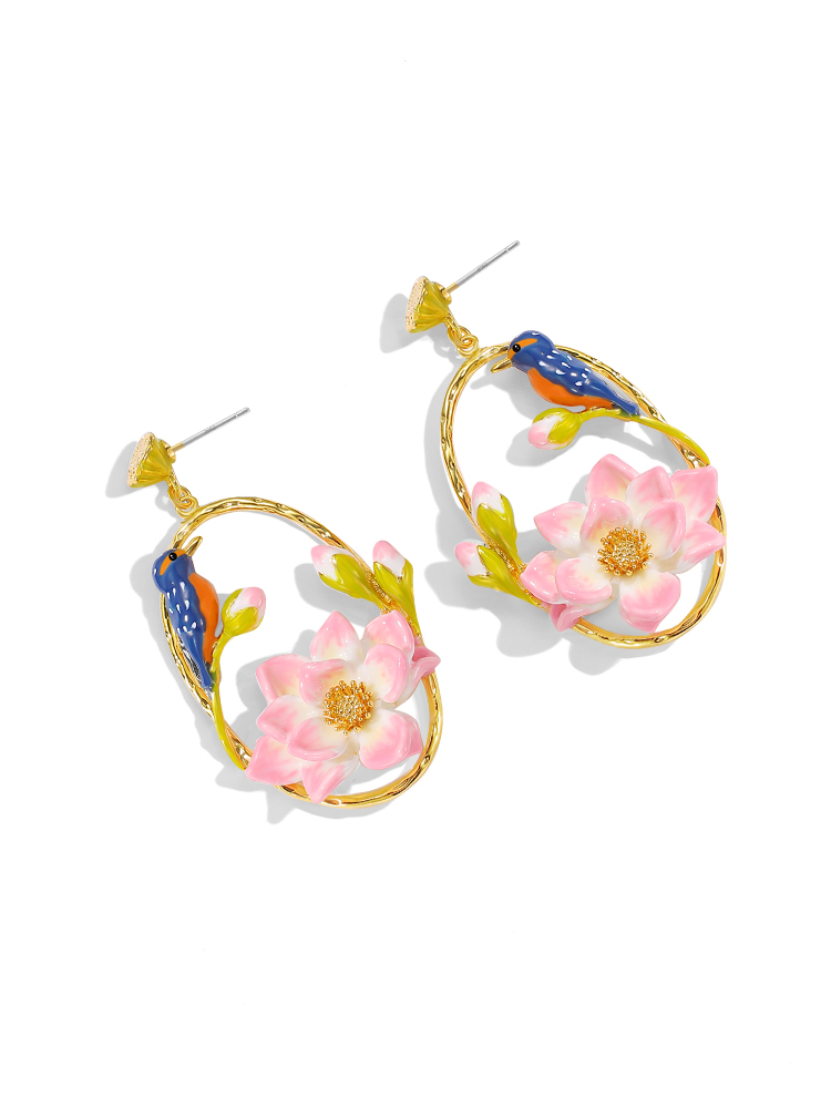 Kingfisher Bird And Lotus Enamel Hoop Stud Dangle Earrings Handmade Jewelry Gift1