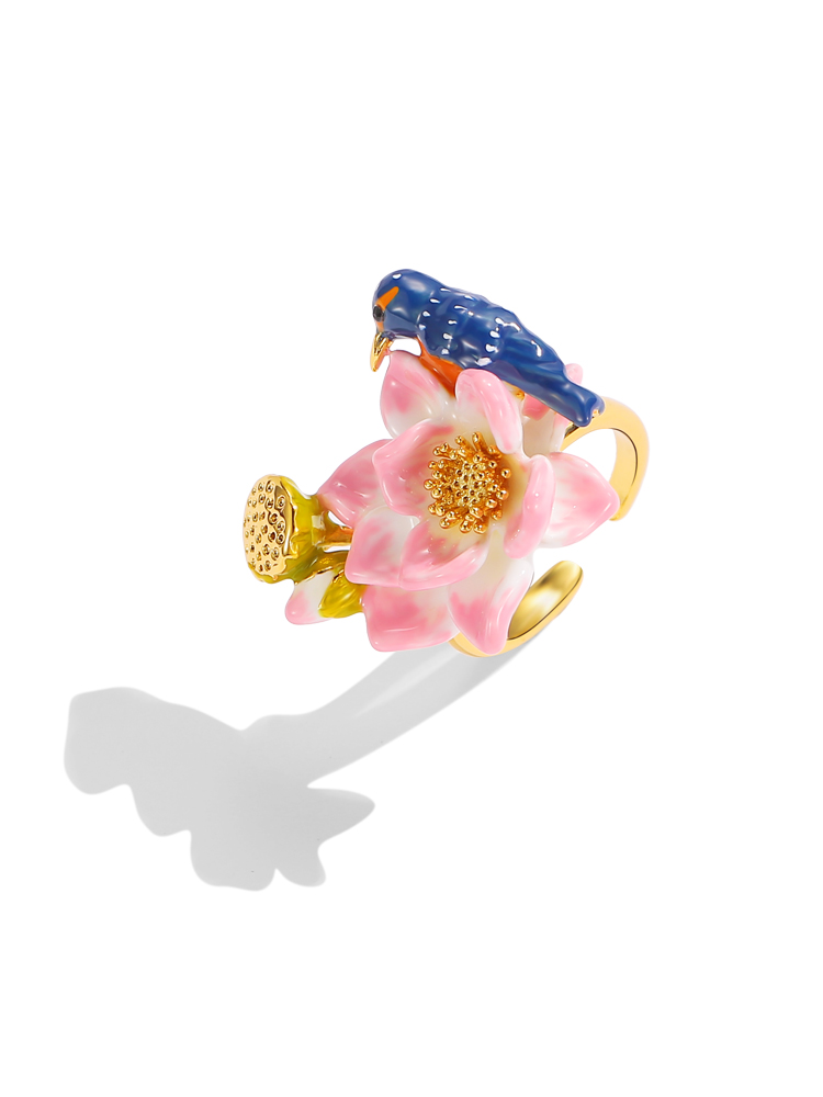 Kingfisher Bird And Lotus Enamel Adjustable Ring Handmade Jewelry Gift1