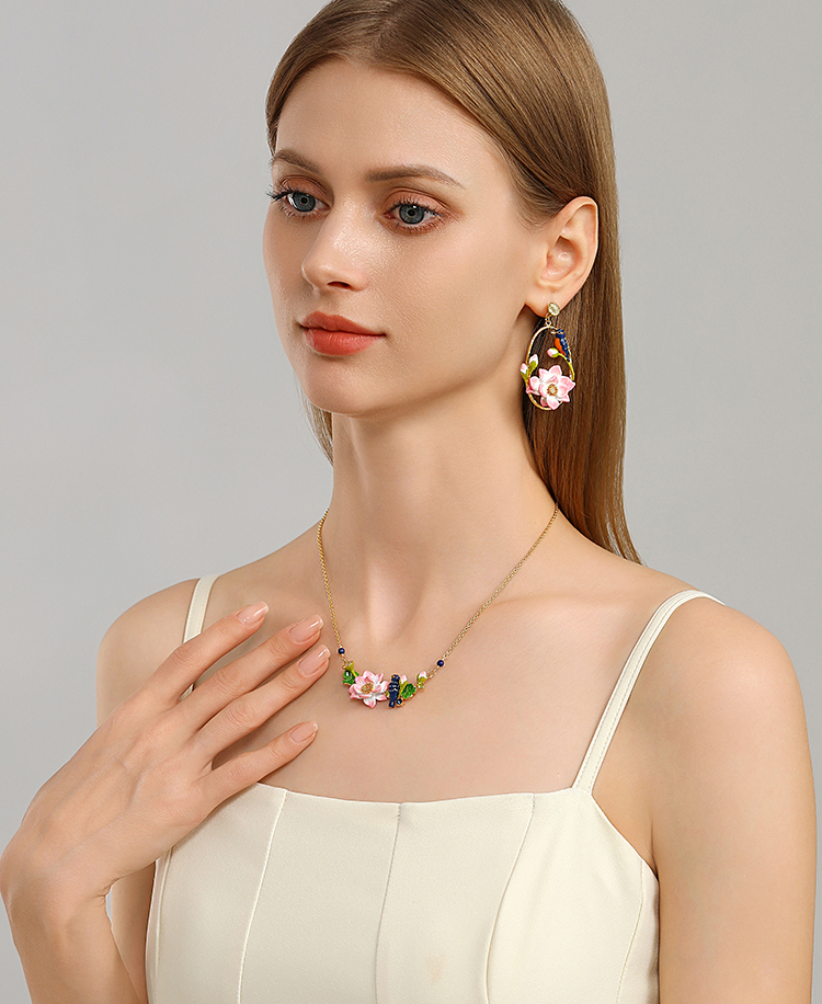 Kingfisher Bird And Lotus Branch Enamel Pendant Necklace Handmade Jewelry Gift3