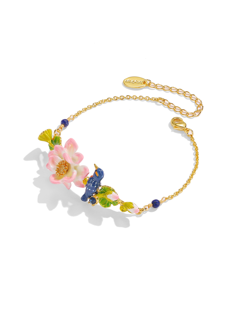 Kingfisher Bird And Lotus Branch Enamel Strand Bracelet Handmade Jewelry Gift1