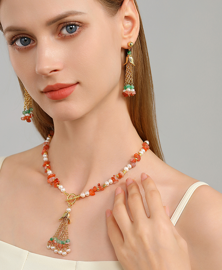 Stone And Pearl Tassel Earrings Handmade Jewelry Gift2