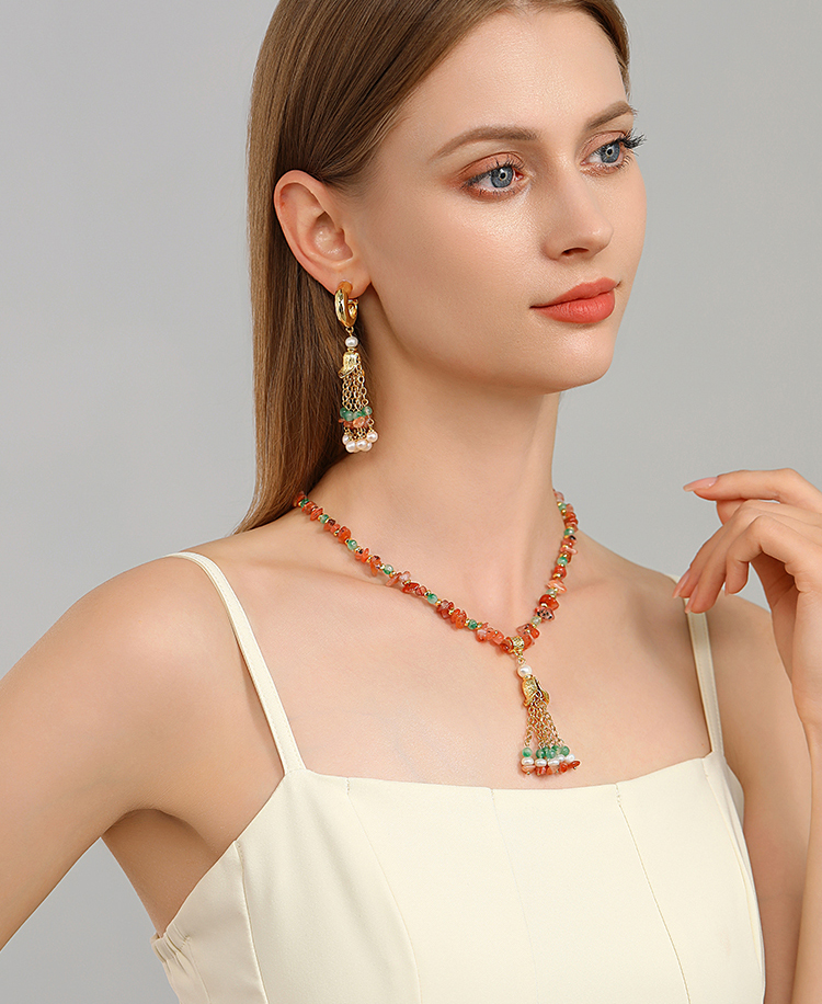 Stone And Pearl Tassel C Shape Stud Earrings Handmade Jewelry Gift2
