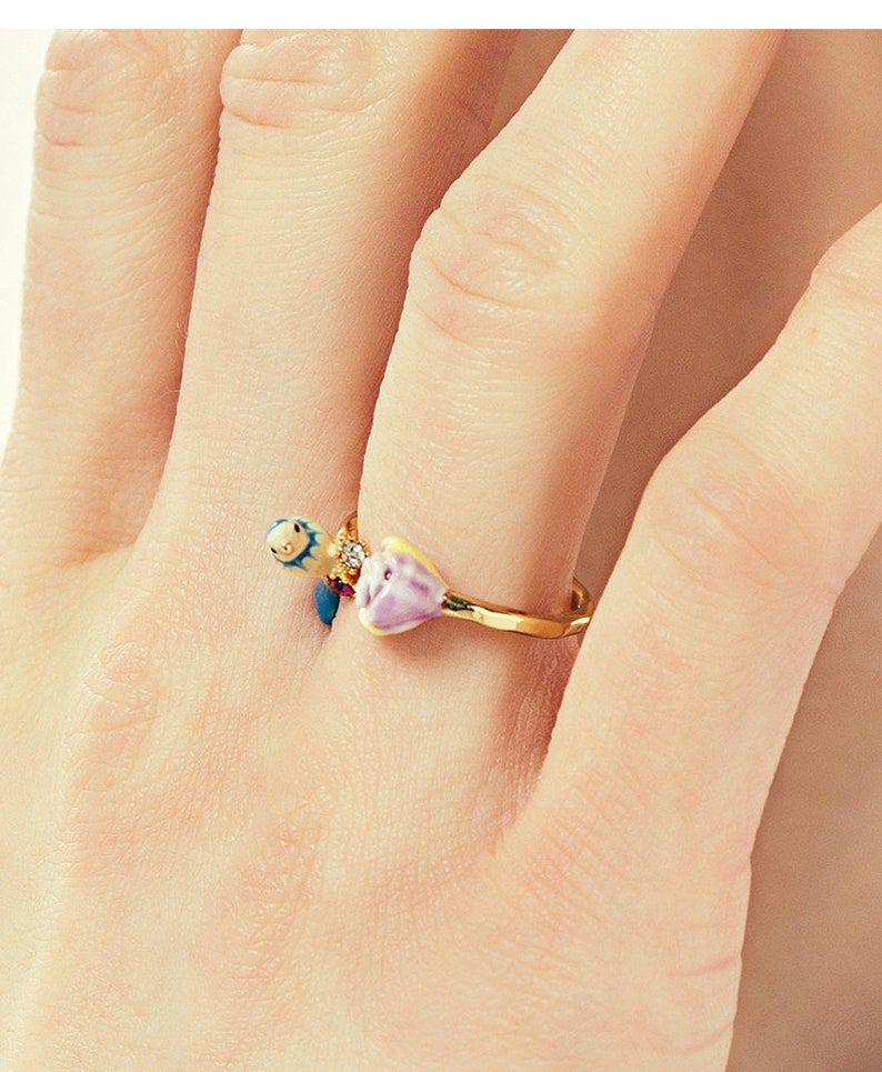 Blue Bird Tit Purple Flower Bud Enamel Adjustable Ring Jewelry Gift