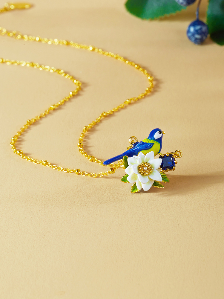 Bird And Flower Enamel Pendant Necklace Handmade Jewelry Gift2