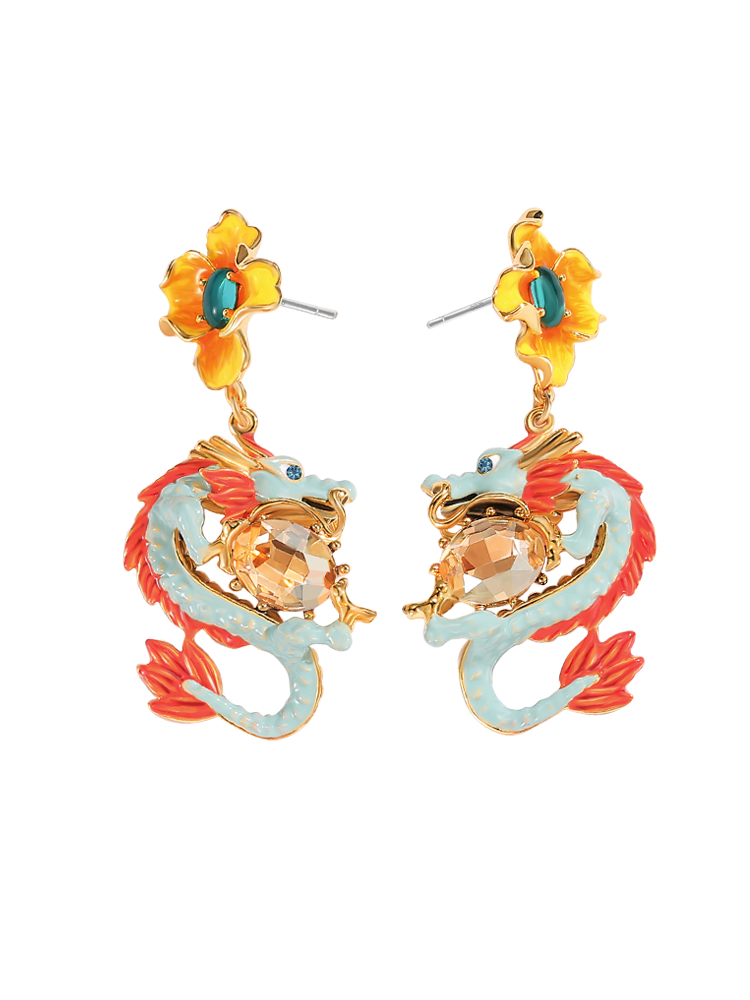 Dragon And Stone Enamel Dangle Earrings Handmade Jewelry Gift1