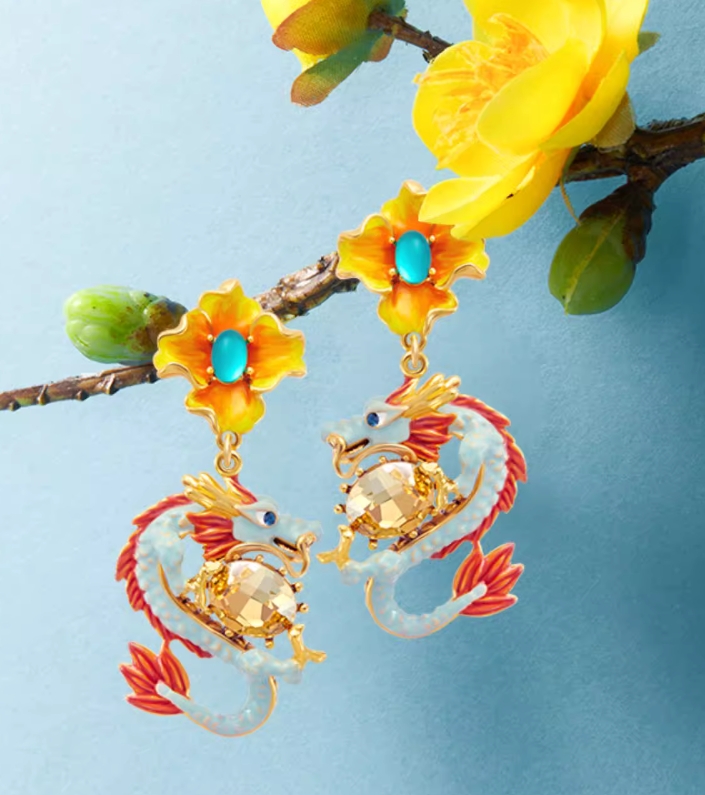 Dragon And Stone Enamel Dangle Earrings Handmade Jewelry Gift3
