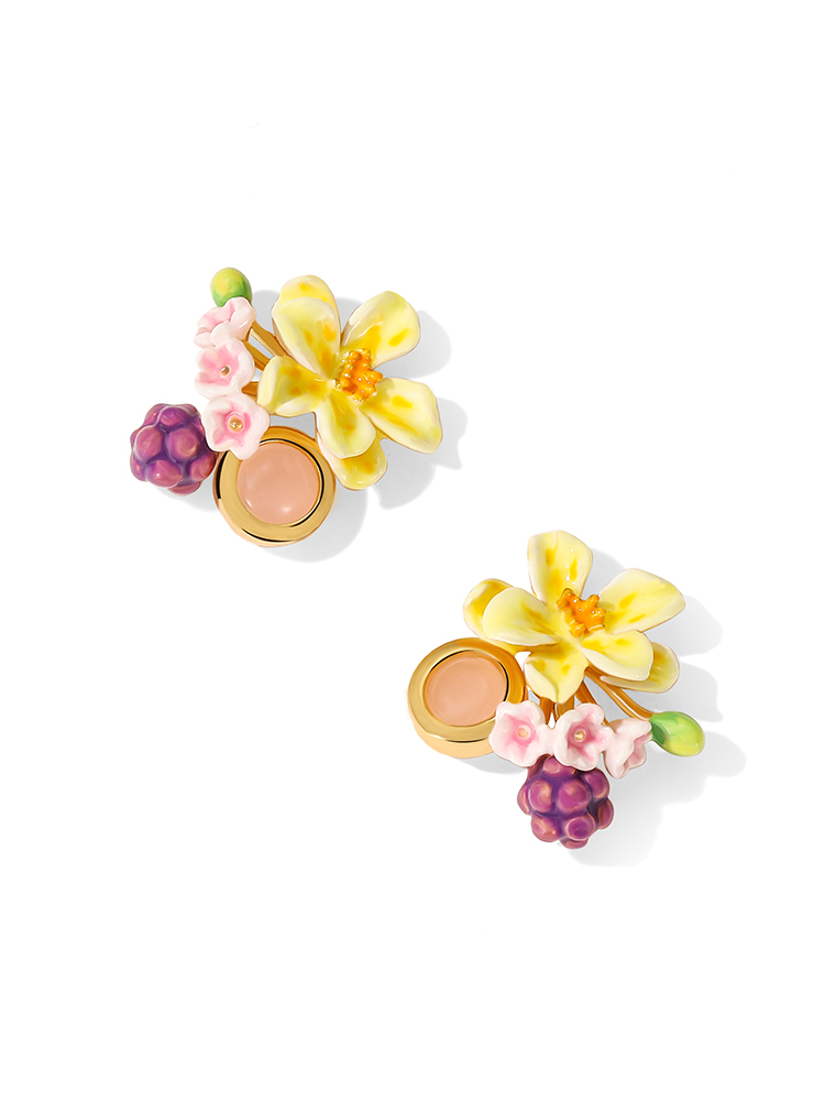 Grape Flower Blossom And Stone Enamel Stud Earrings Handmade Jewelry Gift1