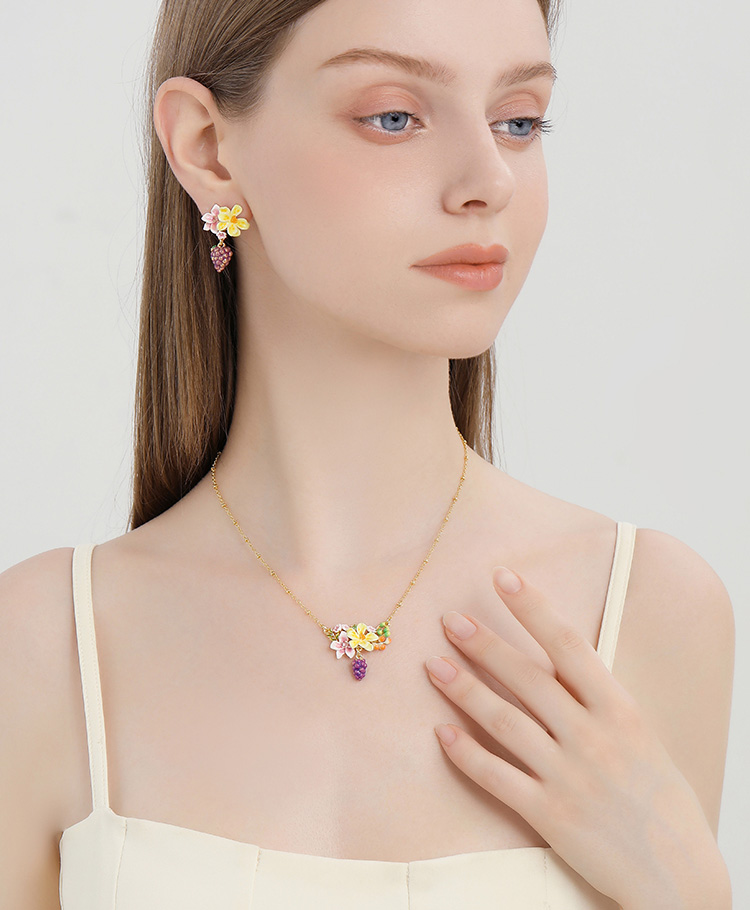 Grape And Flower Blossom Enamel Pendant Necklace Handmade Jewelry Gift3