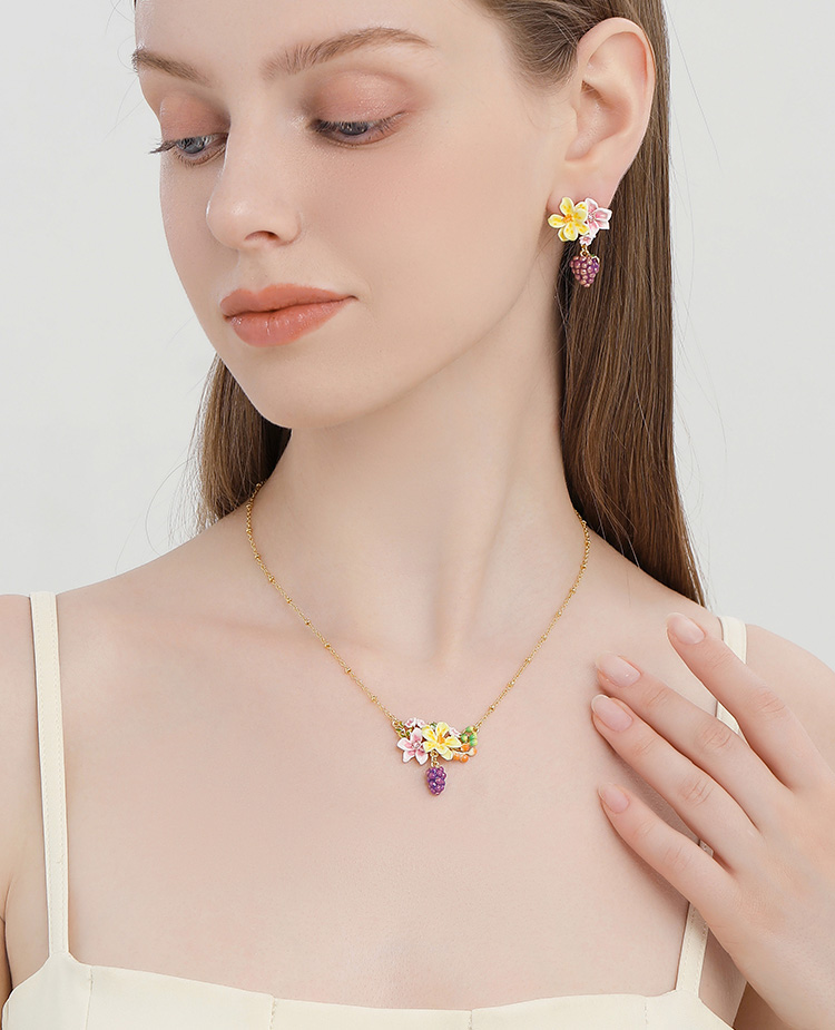 Grape And Flower Blossom Enamel Pendant Necklace Handmade Jewelry Gift2
