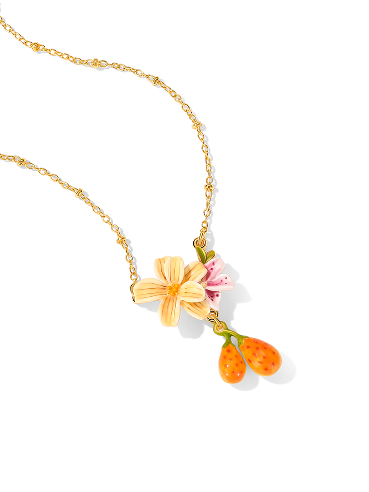 Pear Fruit Flower Enamel Pendant Necklace Handmade Jewelry Gift1