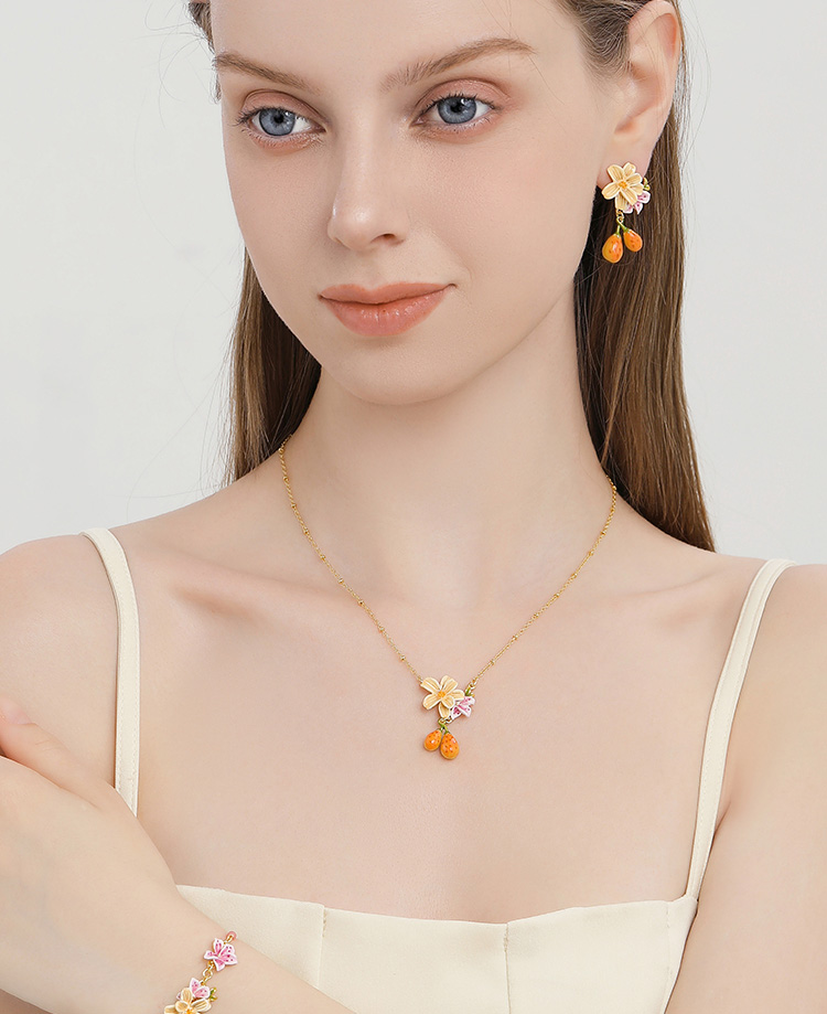 Pear Fruit Flower Enamel Pendant Necklace Handmade Jewelry Gift2