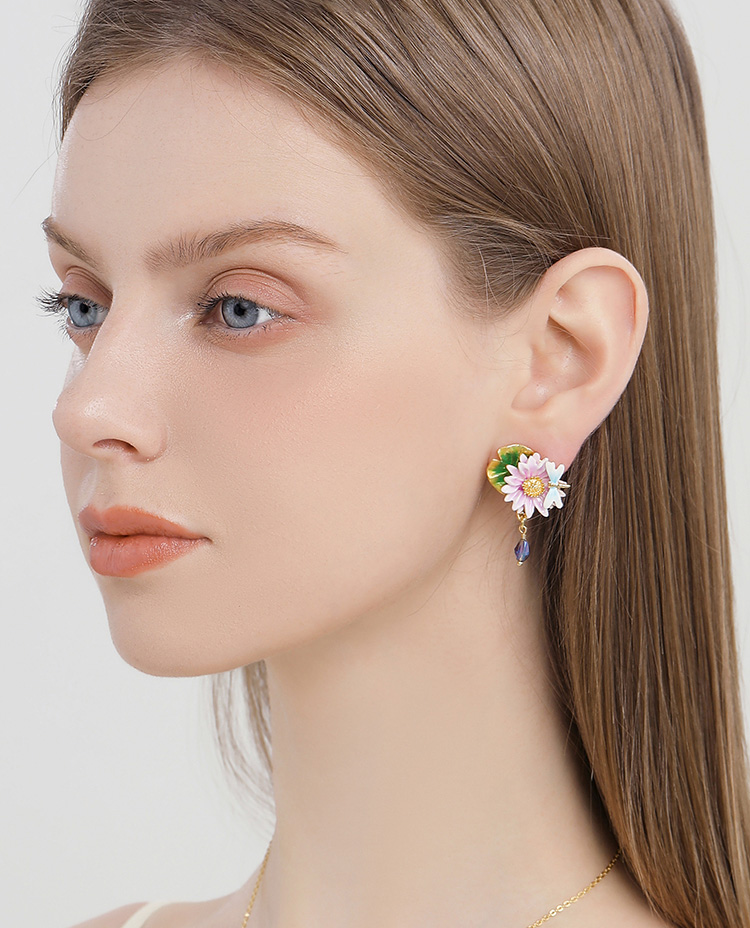 Lotus And Dragonfly Enamel Dangle Stud Earrings Jewelry Gift4