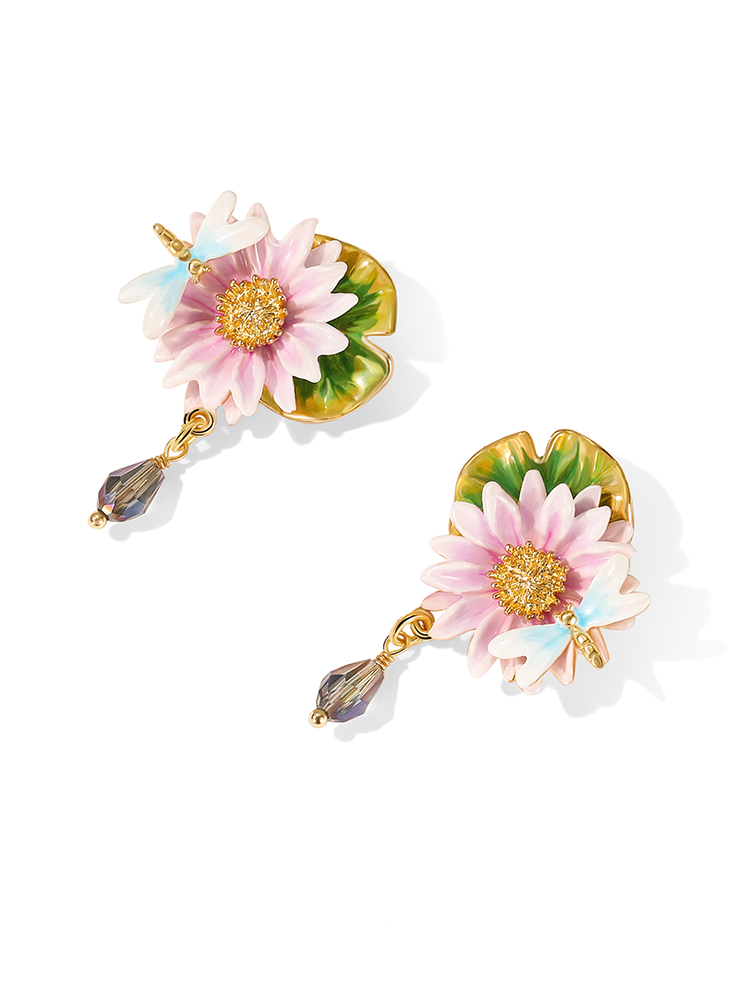 Lotus And Dragonfly Enamel Dangle Stud Earrings Jewelry Gift3
