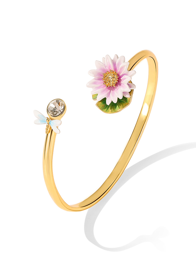 Lotus Flower With Dragonfly Crystal Enamel Cuff Bracelet Jewelry Gift2