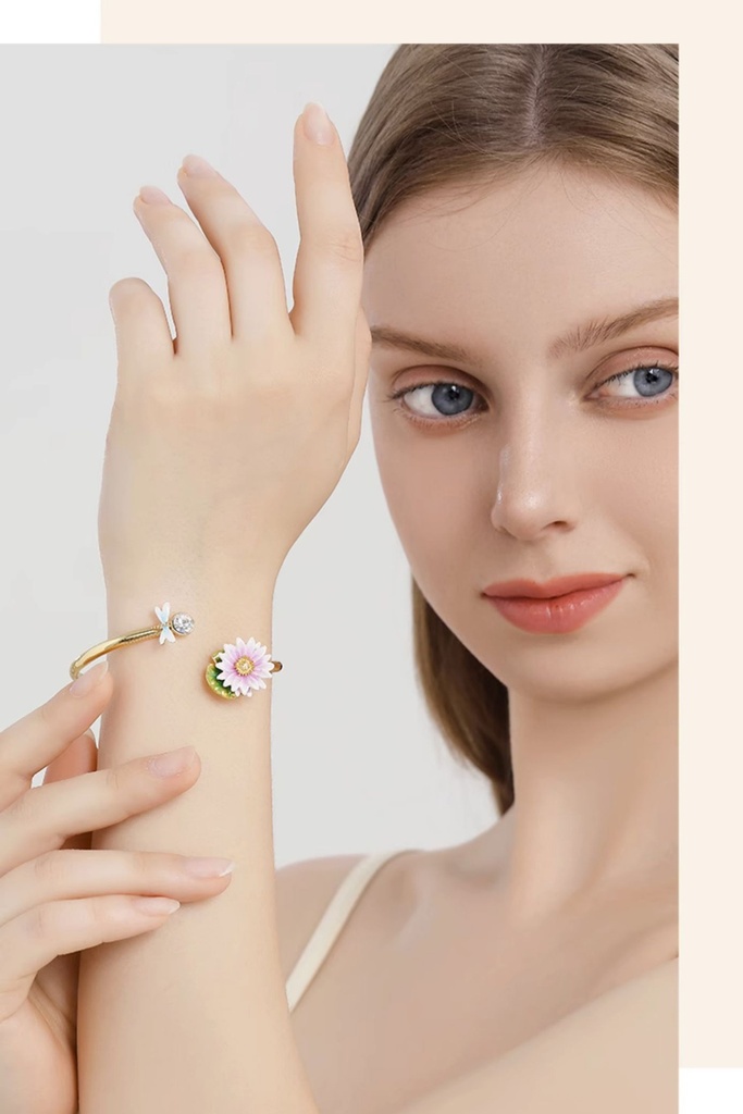 Lotus Flower With Dragonfly Crystal Enamel Cuff Bracelet Jewelry Gift4