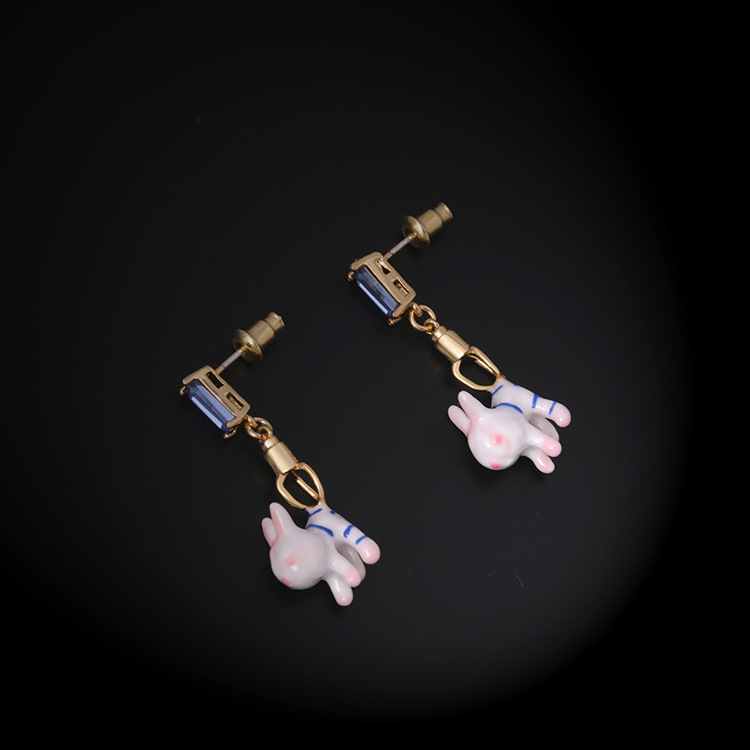 Cute Rabbit Sapphire Enamel Earrings Jewelry Stud Clip Earrings