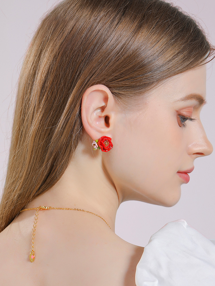 Pink Red Flower Enamel Asymmetrical Stud Earrings Handmade Jewelry Gift4