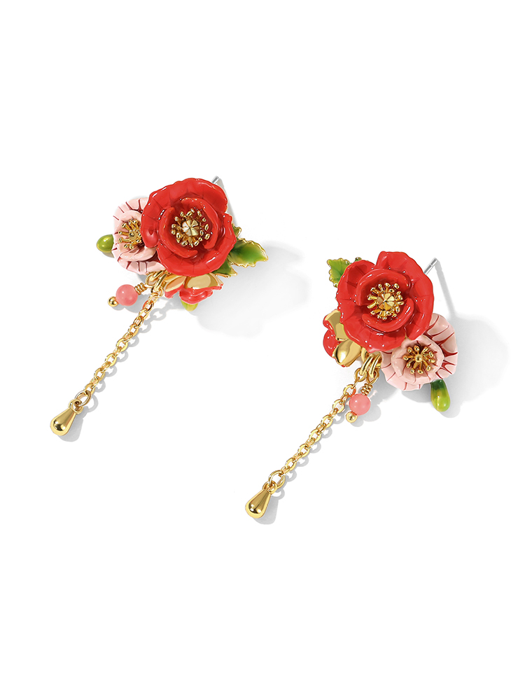Pink Red Flower Enamel Tassel Stud Earrings Handmade Jewelry Gift1