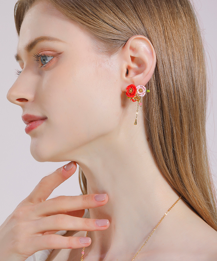 Pink Red Flower Enamel Tassel Stud Earrings Handmade Jewelry Gift3