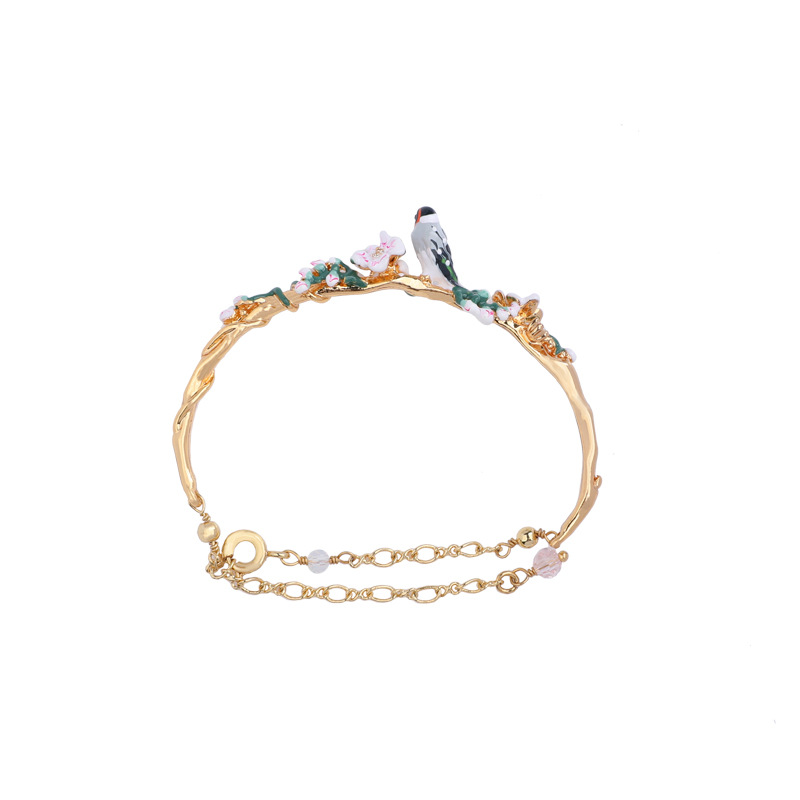 Bird Cherry Blossom Gold Plated Enamel Bracelet