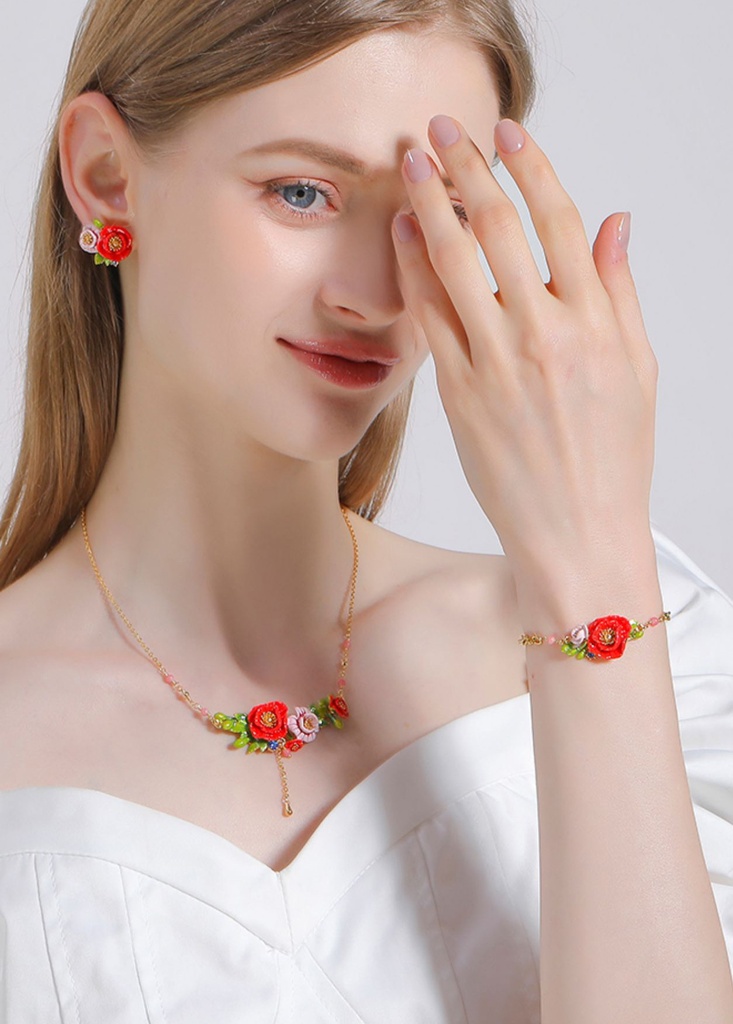 Pink Red Flower Enamel Thin Bracelet Handmade Jewelry Gift2