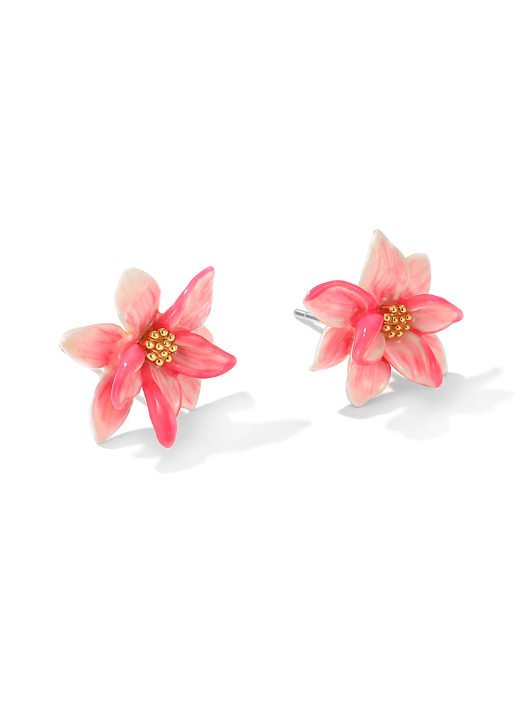 Pink Flower Enanel Stud Earrings Handmade Jewelry Gift1