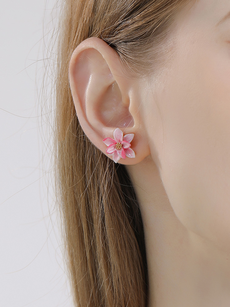 Pink Flower Enanel Stud Earrings Handmade Jewelry Gift4
