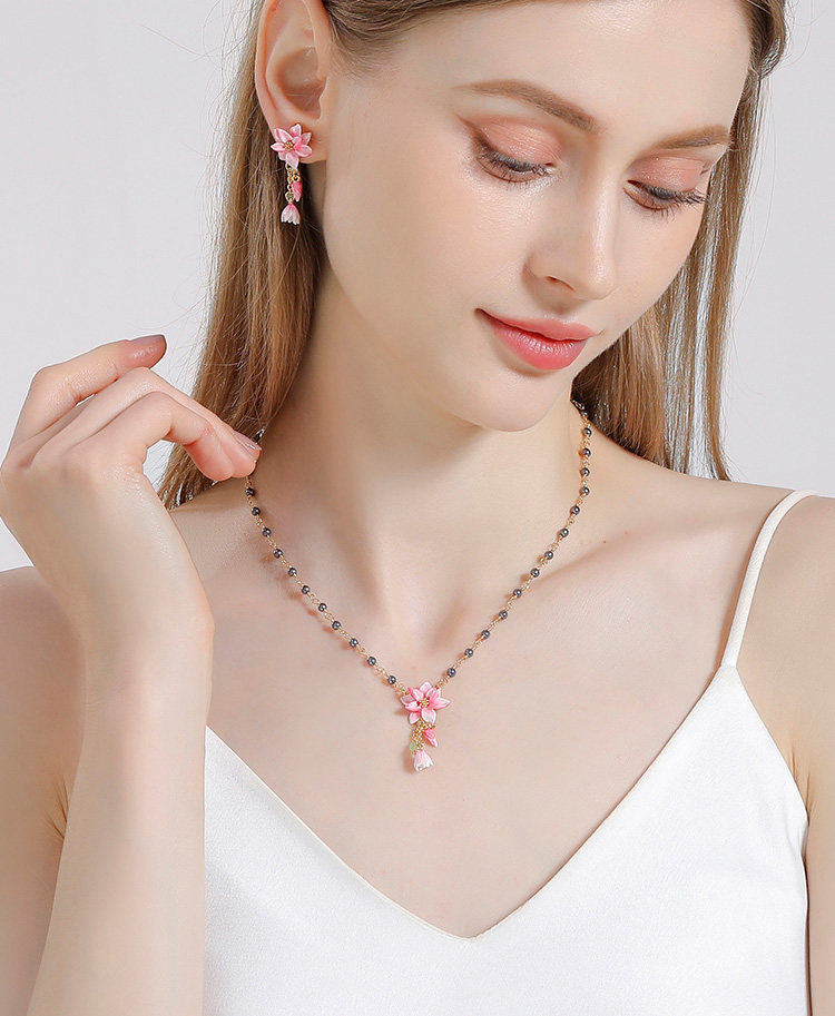 Pink Flower Enamel Pendant Necklace Handmade Jewelry Gift2