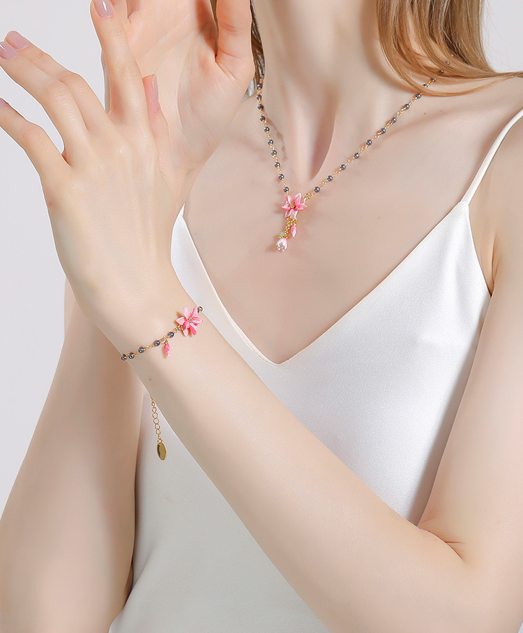 Pink Flower Enamel Bead Strand Bracelet Handmade Jewelry Gift2