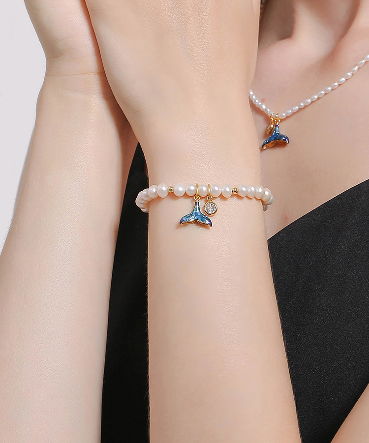 Mermaid Fish Tail Enamel Pearl Strand Bracelet Handmade Jewelry Gift3