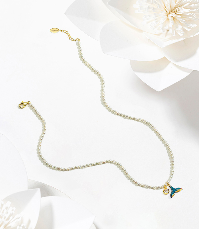 Mermaid Fish Tail Enamel Pearl Necklace Handmade Jewelry Gift1