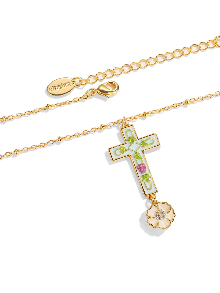 Cross And Flower Enamel Pendant Necklace Handmade Jewelry Gift1
