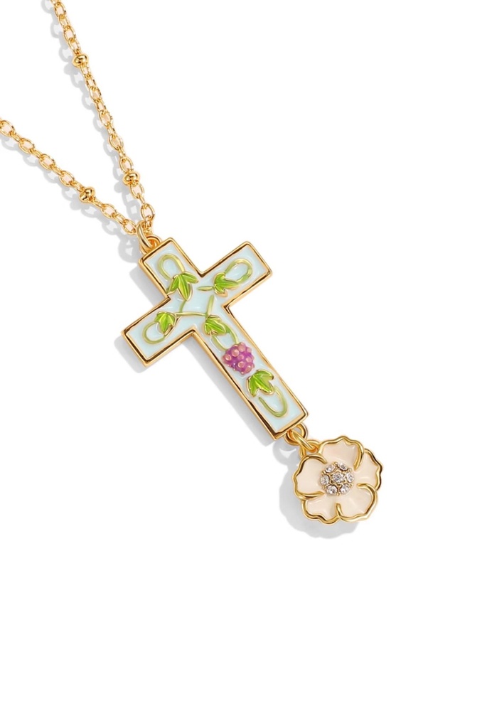 Cross And Flower Enamel Pendant Necklace Handmade Jewelry Gift4