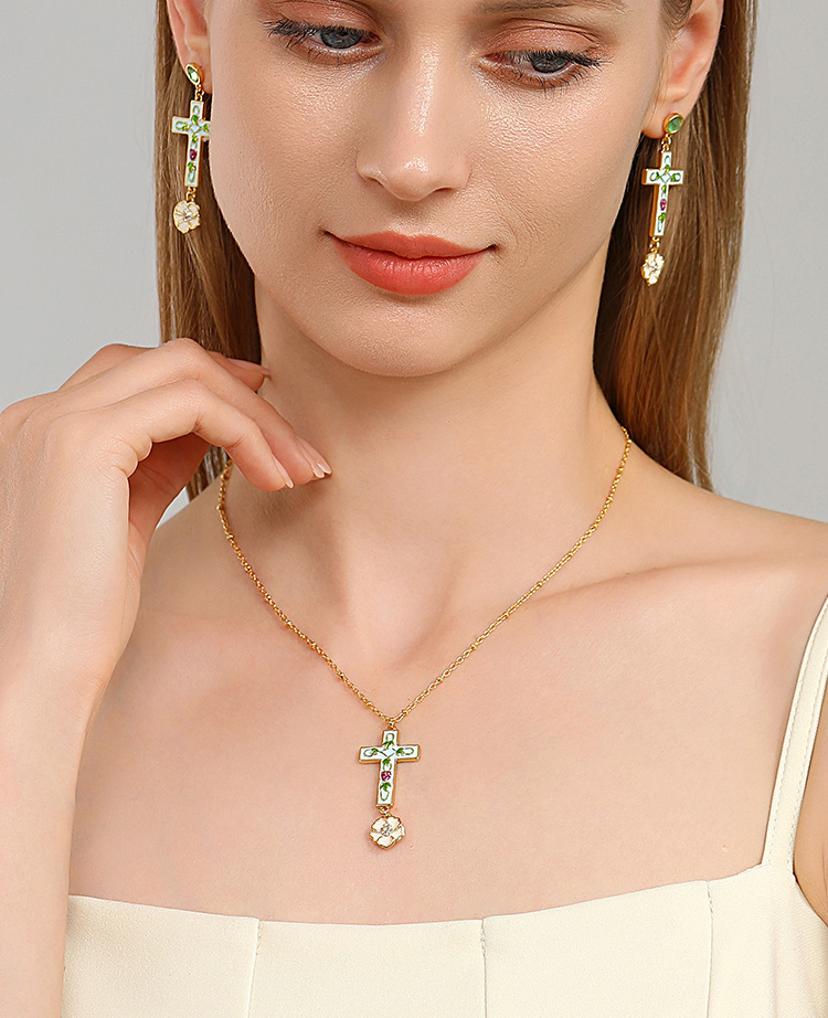 Cross And Flower Enamel Pendant Necklace Handmade Jewelry Gift2