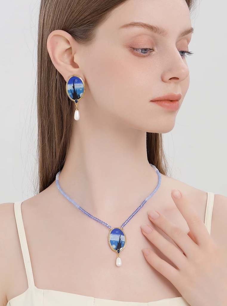 Starry Night Enamel Drop Pearl Pendant Crystal Bead Strand Necklace3