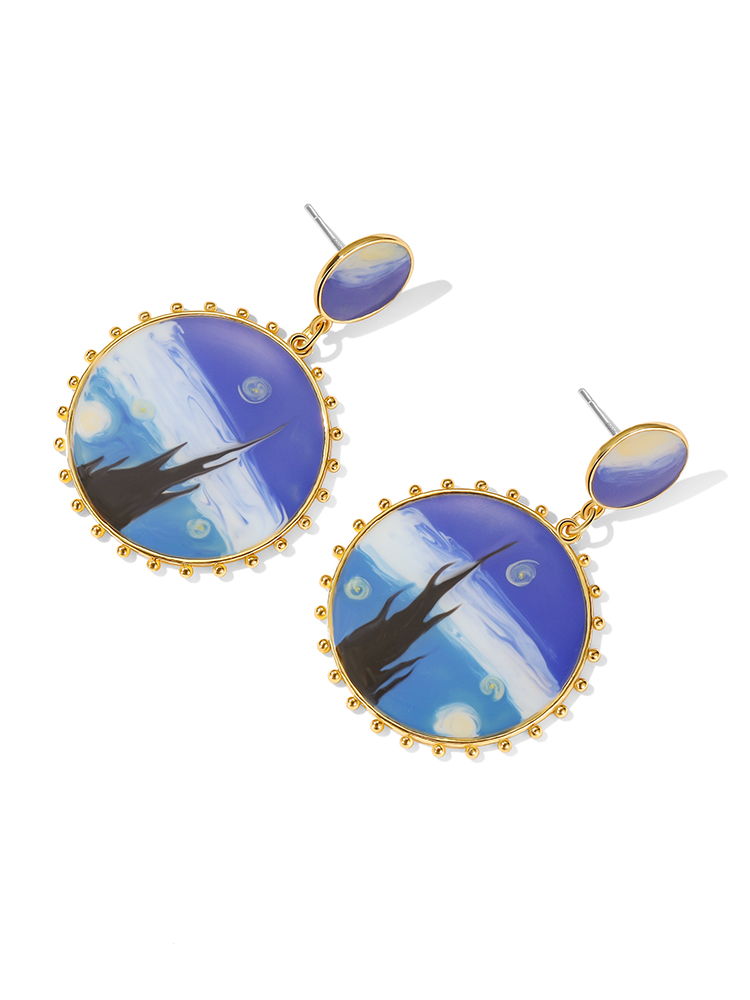 Starry Night Enamel Round Dangle Earrings Handmade Jewelry Gift1