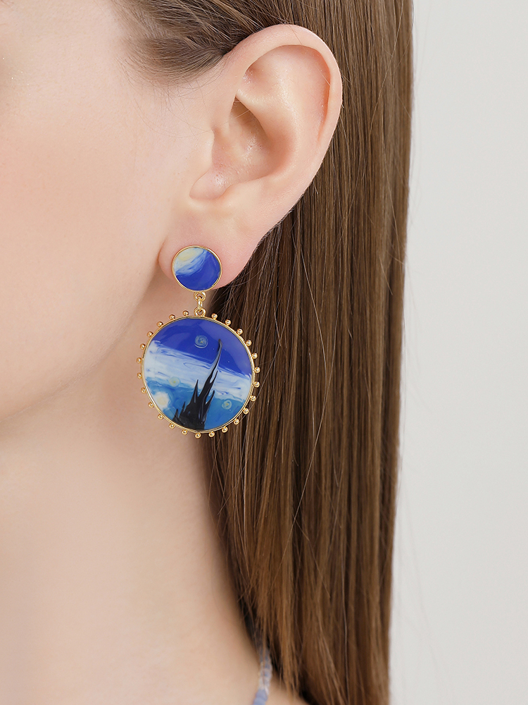 Starry Night Enamel Round Dangle Earrings Handmade Jewelry Gift3