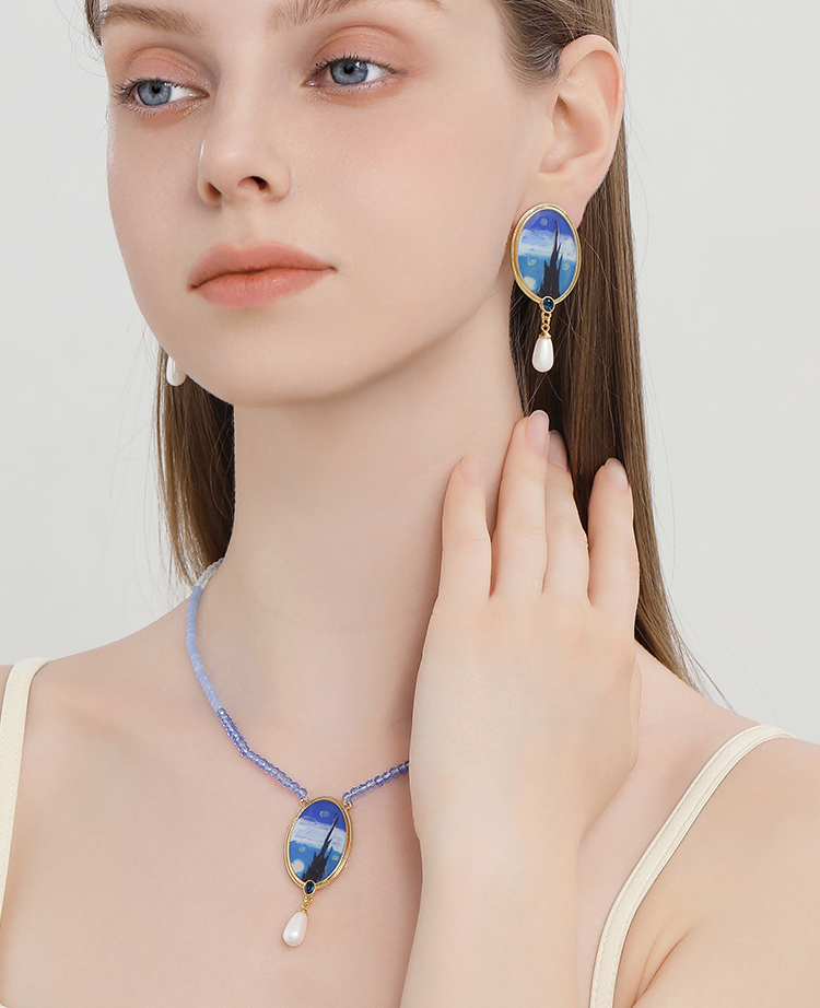 Starry Night Enamel Pearl Dangle Earrings Handmade Jewelry Gift2