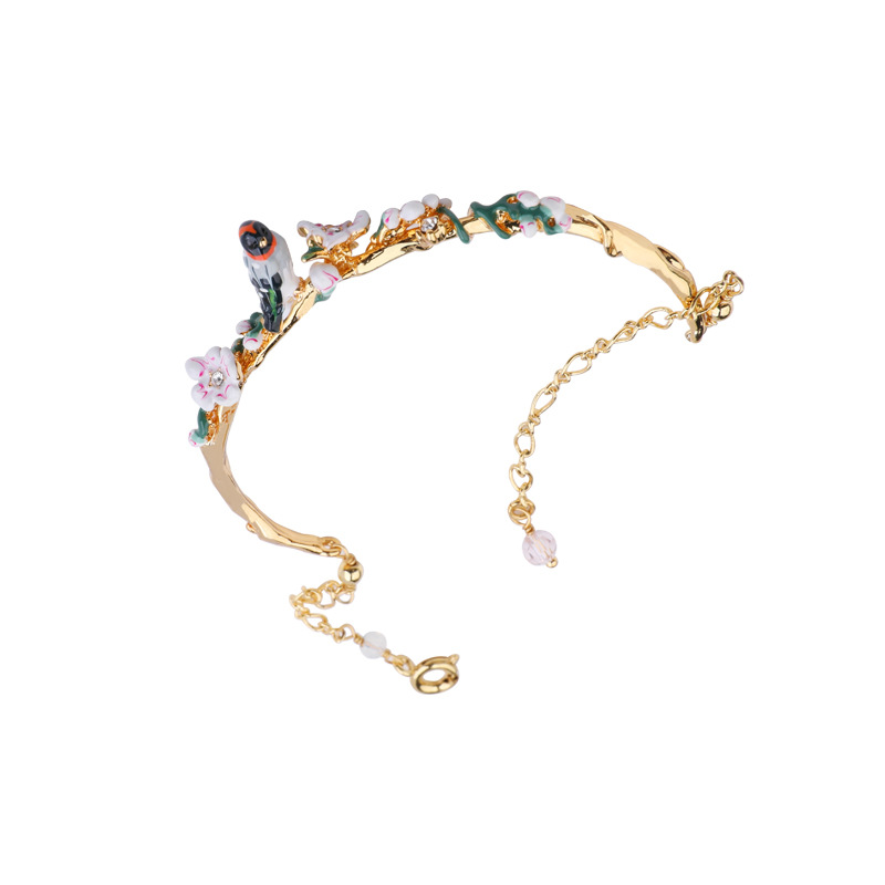 Bird Cherry Blossom Gold Plated Enamel Bracelet