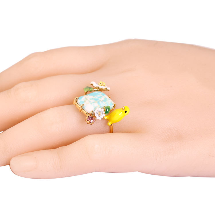 Yellow Parrot Bird And Stone Enamel Adjustable Ring