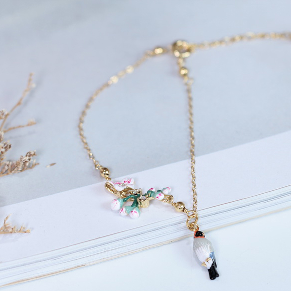 Bird Cherry Blossom Gold Plated Jewelry Enamel Bracelet