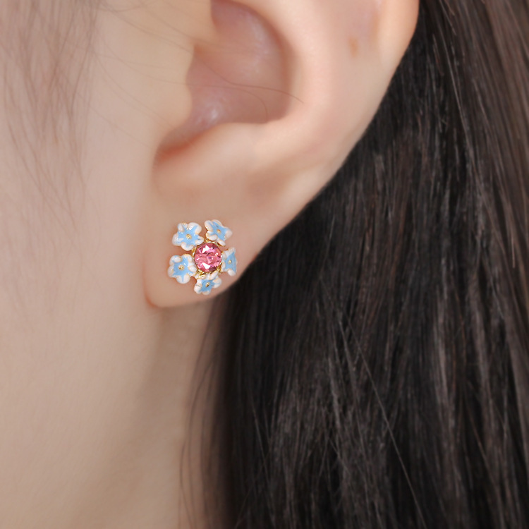 Blue White Flower And Pink Crystal Enamel Stud Earrings